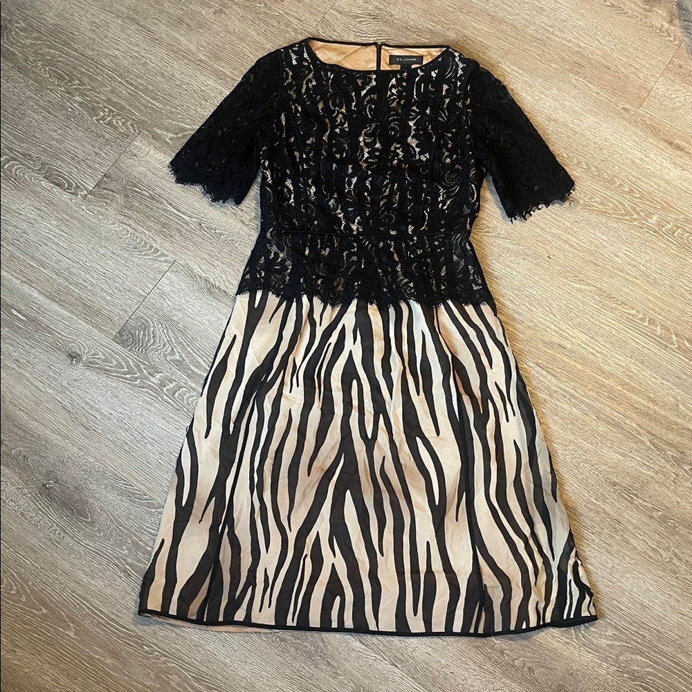 St. John zebra Tiger Silk Lace Peplum Dress 4 Black Beige Short Sleeve dog show